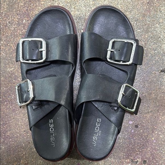 J/Slides Black Leather platform Sandals with Silver Buckles - Picture 3 of 5